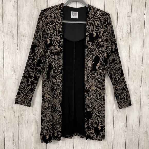 Vintage Petite Black Gold Glitter Embroidered Long Sleeve Open Front Cardigan - Picture 1 of 11